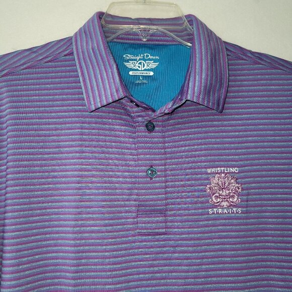 Straight Down Golf Polo Shirt Mens L Purple Stripe Whistling Straits Golf Course - Picture 3 of 12
